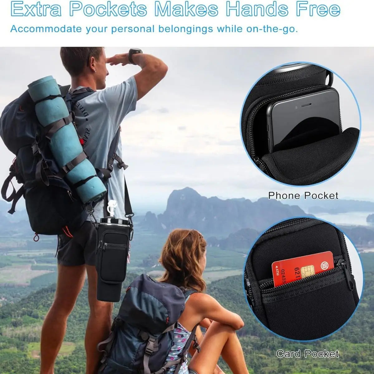 Hikers carrying the water bottle carrier pouch with phone and card pockets, scenic background
