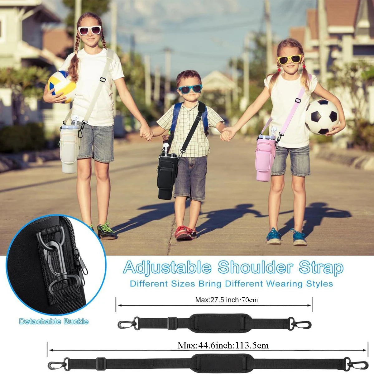 Three children holding hands with the water bottle carrier pouch, emphasizing an adjustable shoulder strap feature.