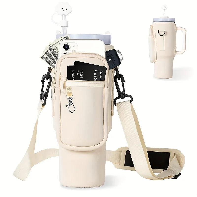 White water bottle carrier pouch with multiple pockets and straps on a white background