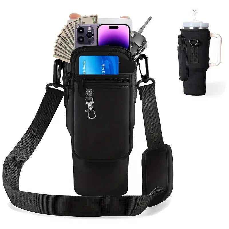 Black water bottle carrier pouch with phone holder, money clip, and can holder on a white background.