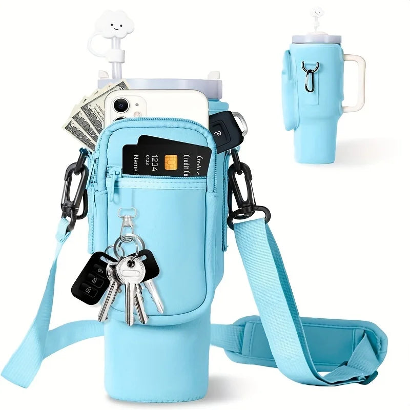Blue water bottle carrier pouch with keys, smartphone, and credit cards on a white background