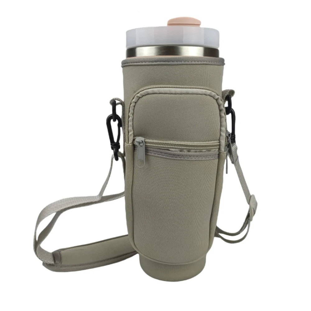Gray water bottle carrier pouch with a water bottle on a white background