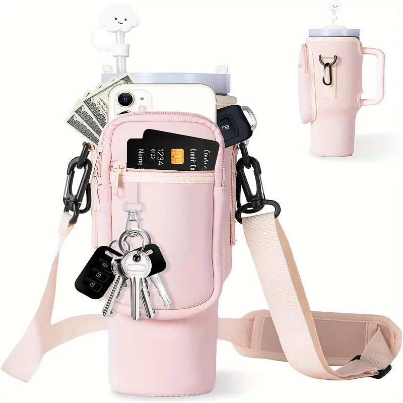 Pink water bottle carrier pouch with various compartments holding a phone, cards, keys, and a water bottle on a white background.