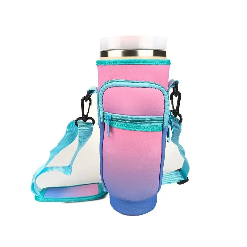 Gradient pink to blue water bottle carrier pouch with a water bottle on a white background