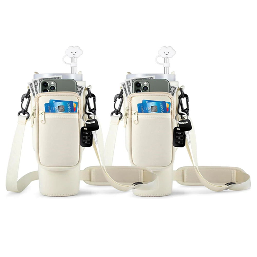 Two white water bottle carrier pouches with straps on a white background