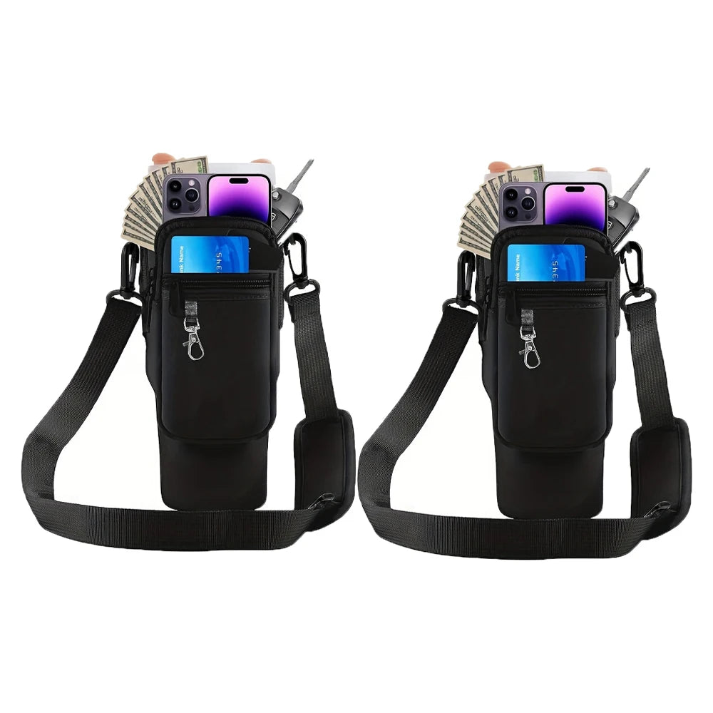 Black water bottle carrier pouches with phone holder and money clip on a white background