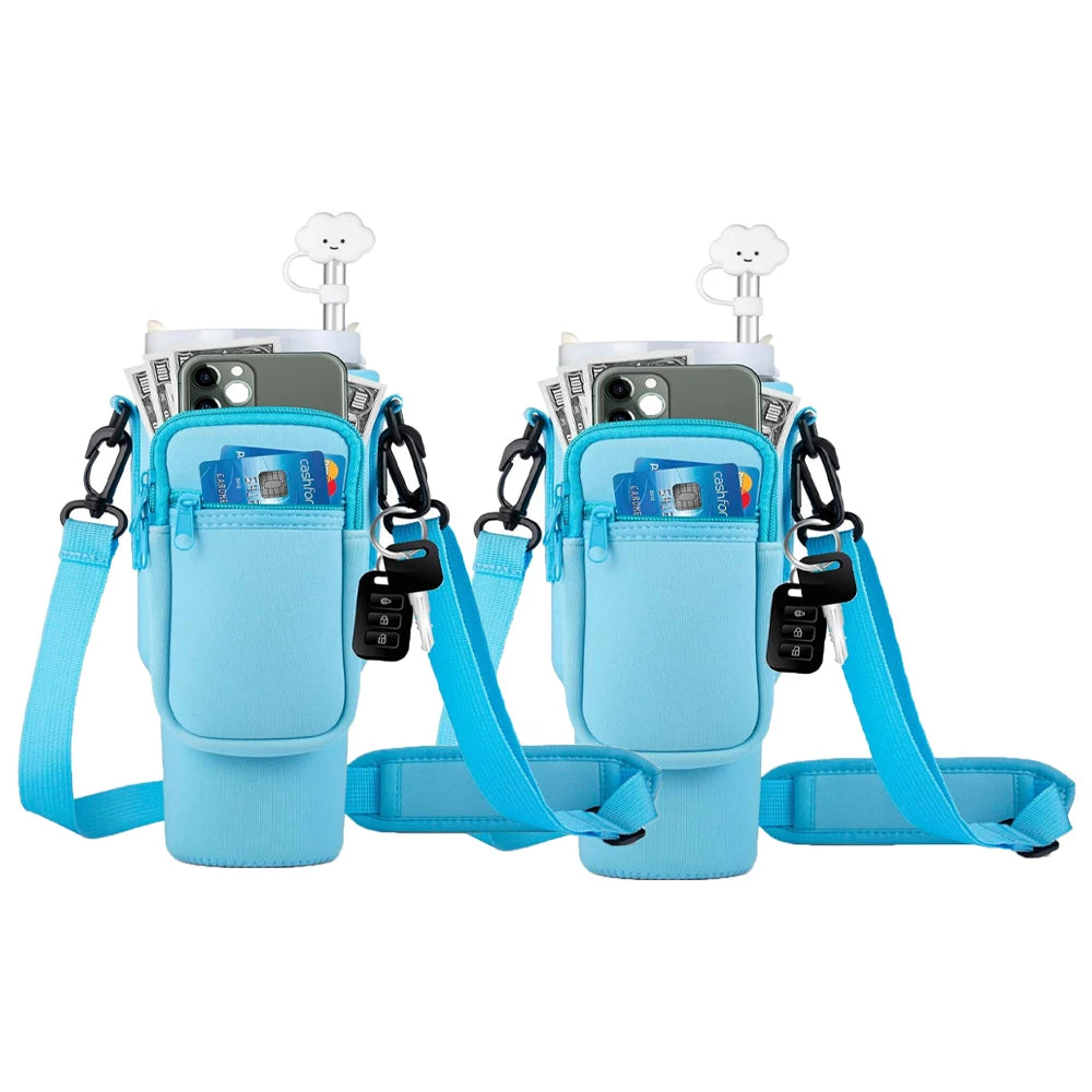 Two blue water bottle carrier pouches with straps on a white background
