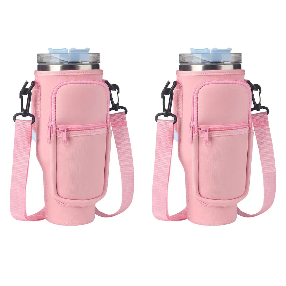 Two pink water bottle carrier pouches on a white background