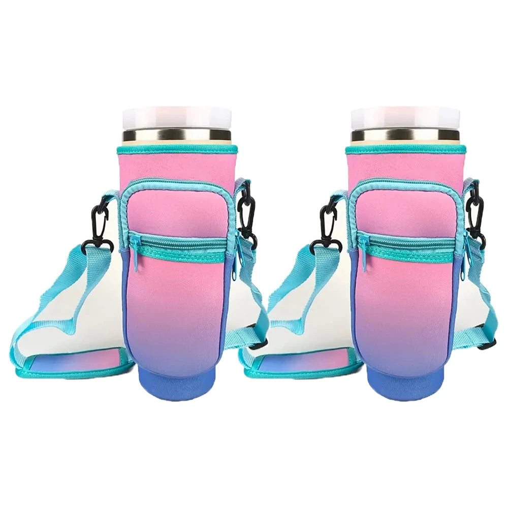 Two pink and blue gradient water bottle carrier pouches on a white background