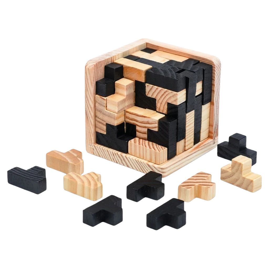 A wooden 3d cube puzzle with a natural wood frame, containing interlocking light and dark wooden pieces.