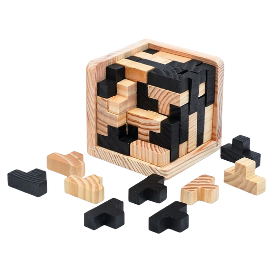 A wooden 3d cube puzzle with a natural wood frame, containing interlocking light and dark wooden pieces.