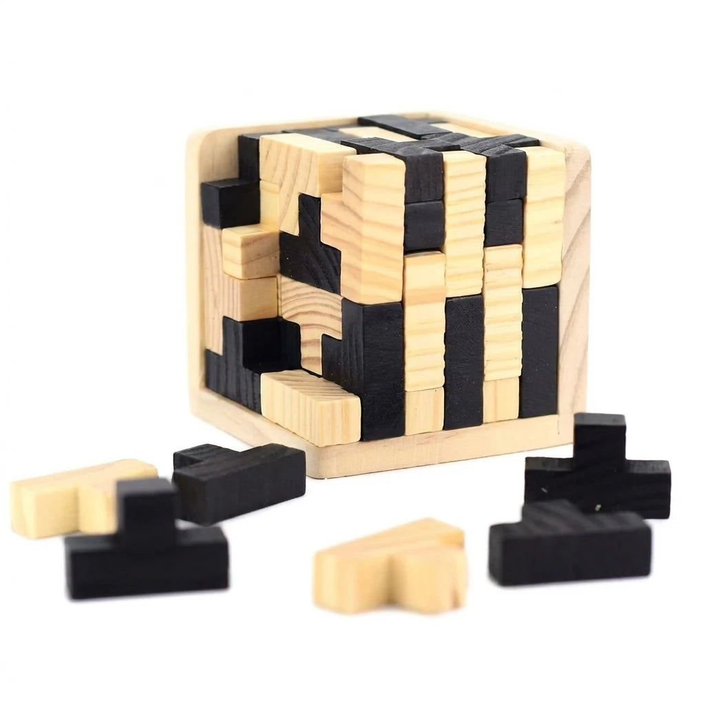 Wooden block puzzle pieces in black and natural light wood, scattered in front of a partially assembled cube.