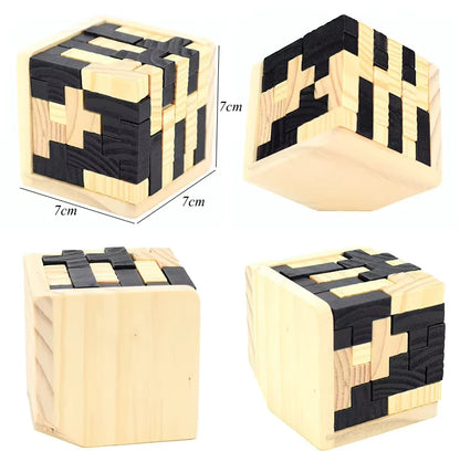 Wooden 3D cube puzzle with interlocking pieces, shown from multiple angles with measurements of 7cm by 7cm by 7cm