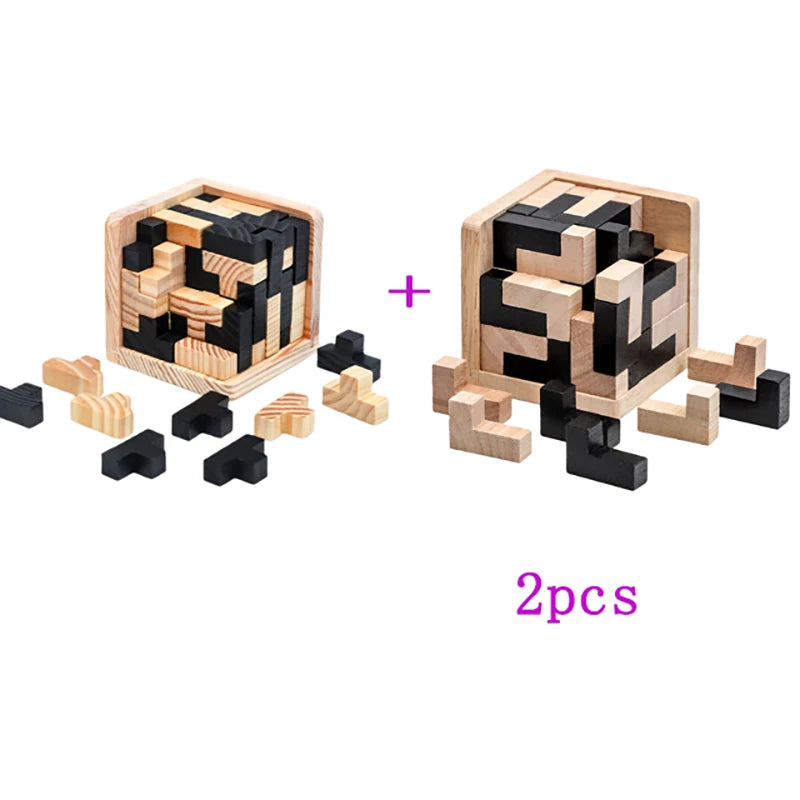 Two variations of the wooden 3d cube puzzle, one with L shaped pieces and the other with T shaped pieces, scattered on a white surface