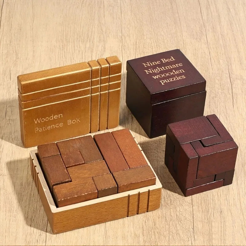 Both variants of the wooden packing puzzle box arranged on a light wood surface: a tan box labeled 'Wooden Patience Box,' a dark brown box labeled 'Nine Bed Nightmare wooden puzzles,'