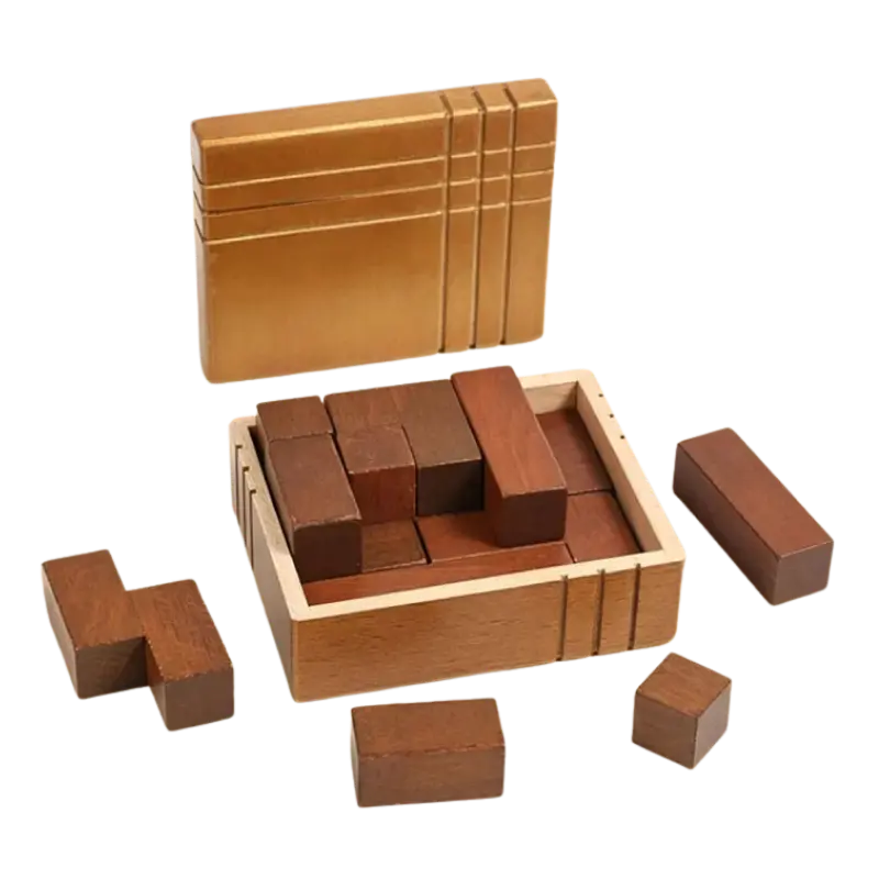 Wooden packing puzzle box filled with 3D wooden blocks on a transparent background.
