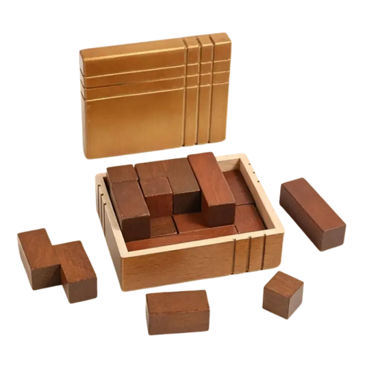 Wooden packing puzzle box filled with 3D wooden blocks on a transparent background.