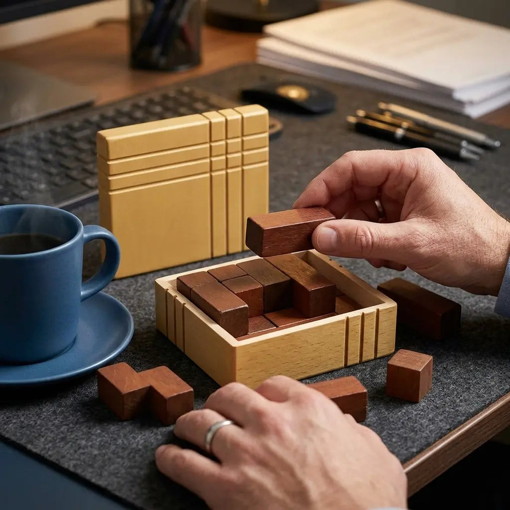 A hand holding onto a dark brown puzzle piece about to place it inside of a packing puzzle box which rests on an office desk next to a cup of hot liquid.