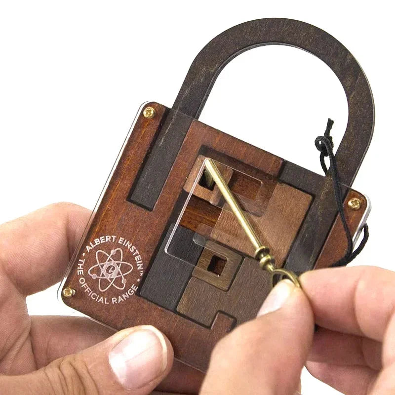 The back side of the wooden padlock puzzle with colorful square panels and a key on a white background