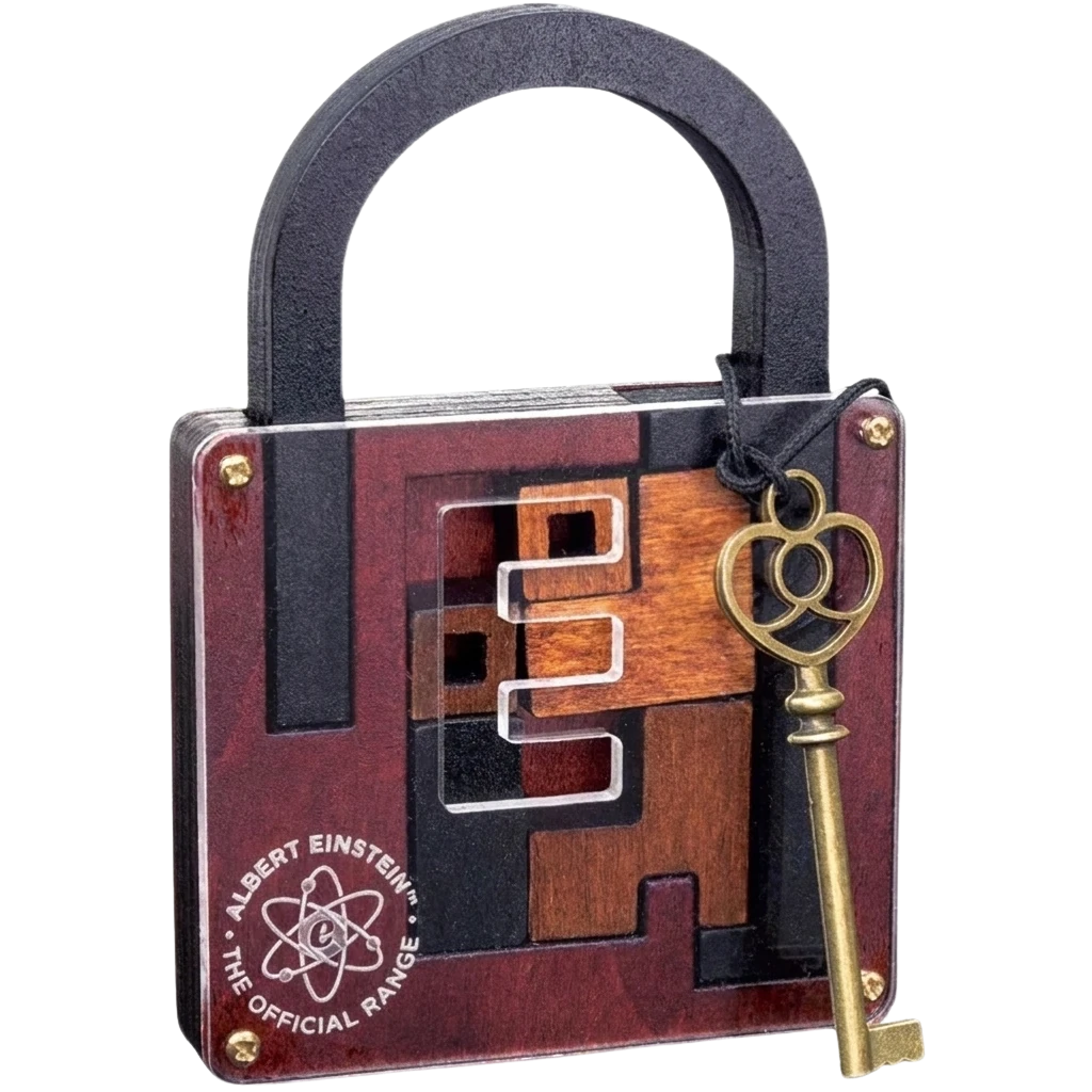 A wooden padlock puzzle with dark wood and black metal shackle, featuring a complex geometric puzzle on the front, brass-colored screws, and a decorative antique-style key hanging from a black cord. 