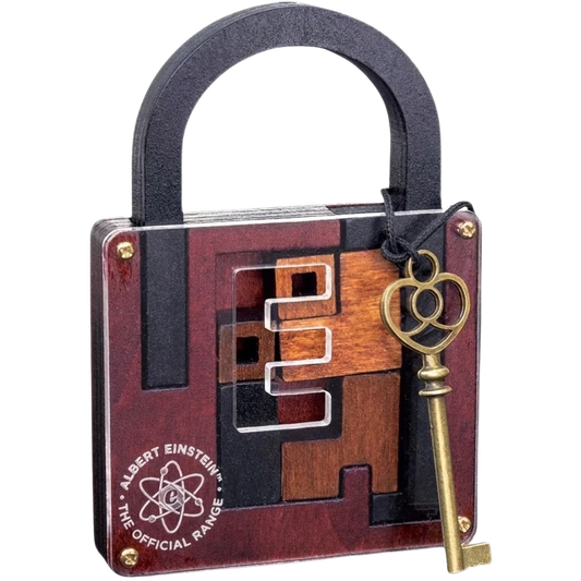A wooden padlock puzzle with dark wood and black metal shackle, featuring a complex geometric puzzle on the front, brass-colored screws, and a decorative antique-style key hanging from a black cord. 