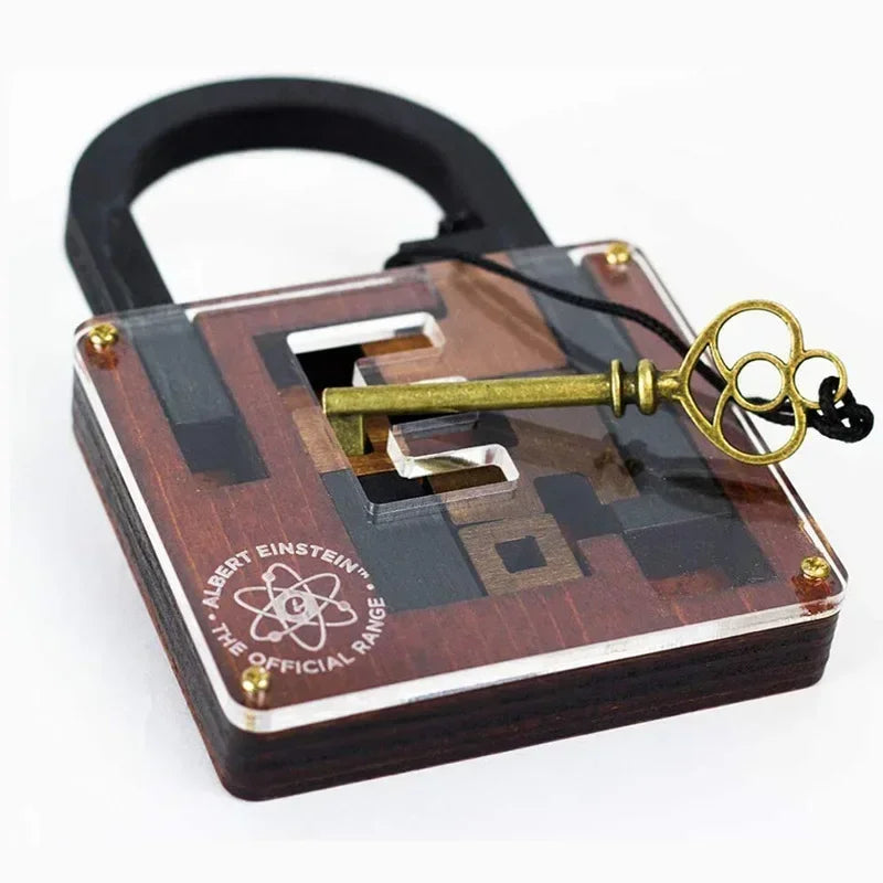 Wooden padlock with a key on a white background.