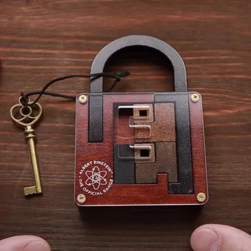 Wooden padlock puzzle with a key on a wooden surface