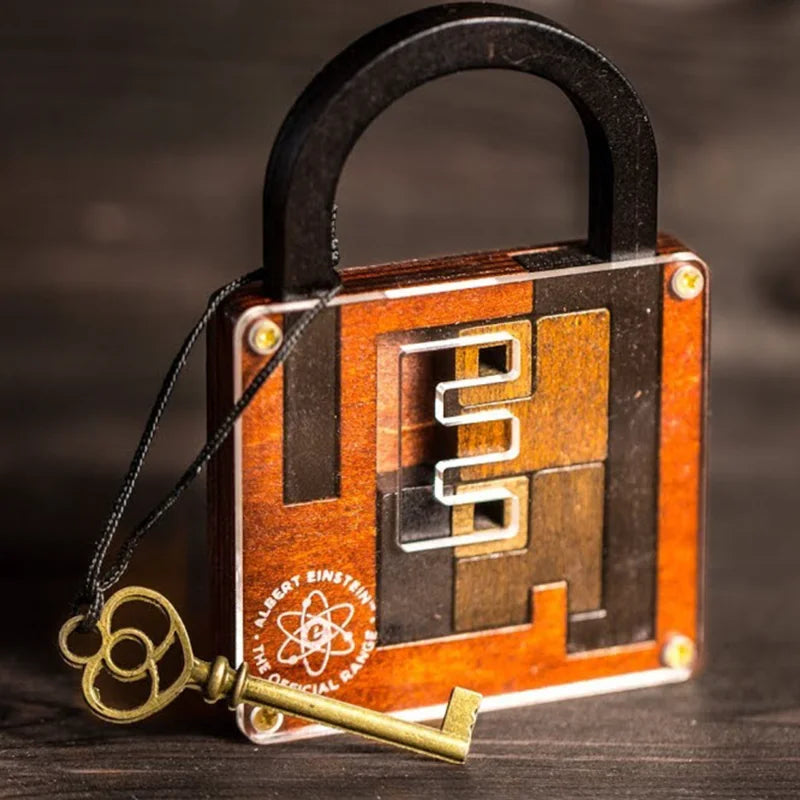 Wooden padlock puzzle with a key on a dark background