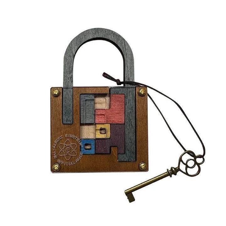 The back side of the wooden padlock puzzle with colorful square panels and a key on a white background