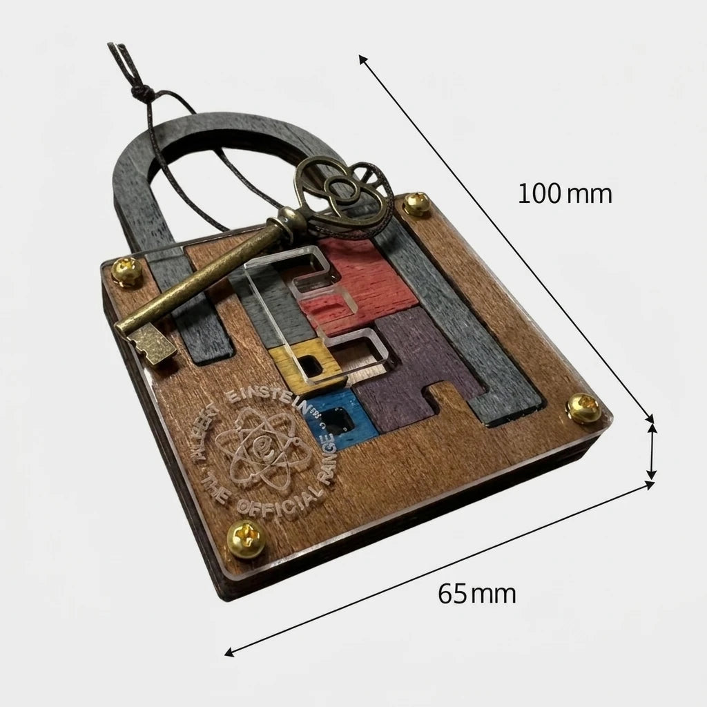 A wooden padlock puzzle on a white background with measurements of 100 mm by 65 mm.