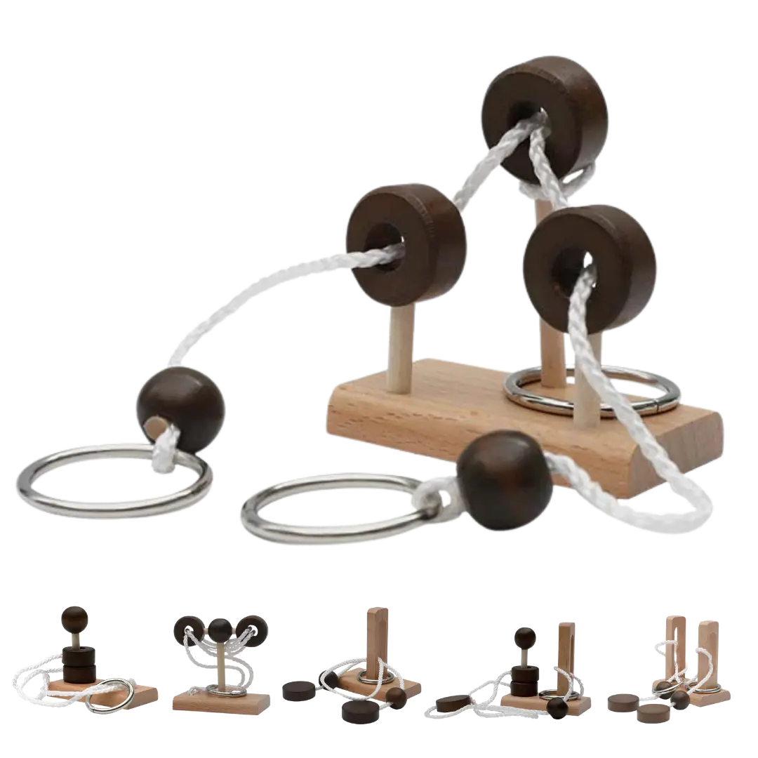 A set of various wooden rope untying puzzles displayed on a transparent background.