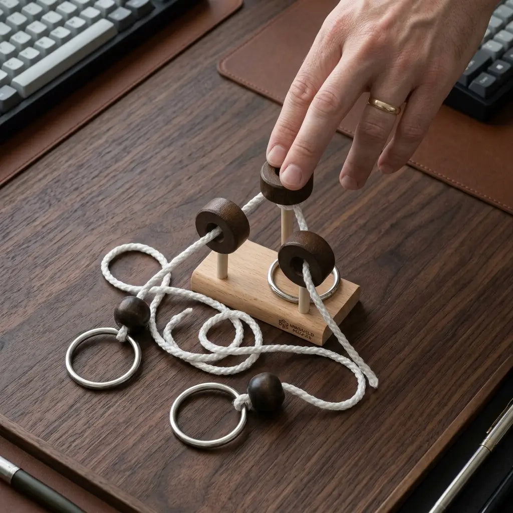 A hand reaching to and touching the top of a wooden untying puzzle set with steel rings and tangled rope.  The product is resting on a wooden desk.
