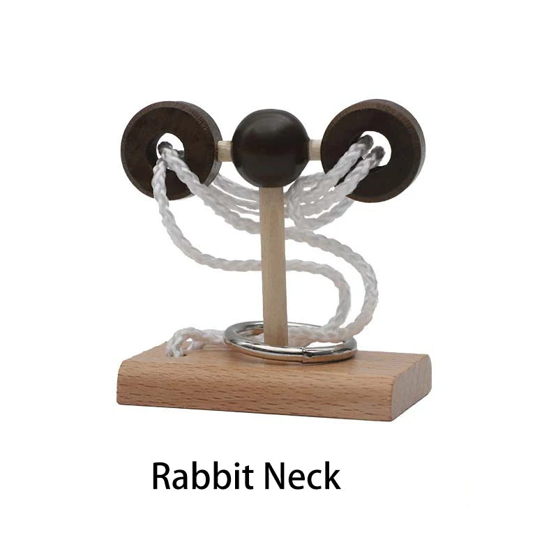 Rabbit neck variant of the wooden rope untie puzzle.