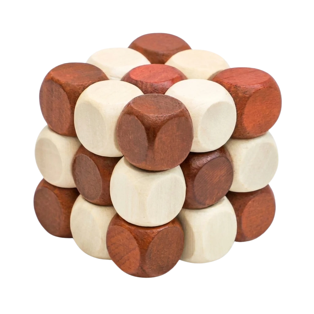 A wooden twist cube puzzle made of interlocking round pegs and sockets in two natural wood tones.