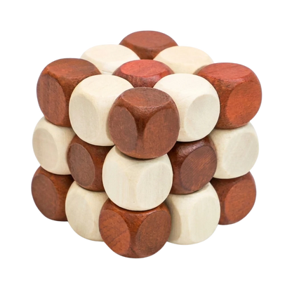 A wooden twist cube puzzle made of interlocking round pegs and sockets in two natural wood tones.