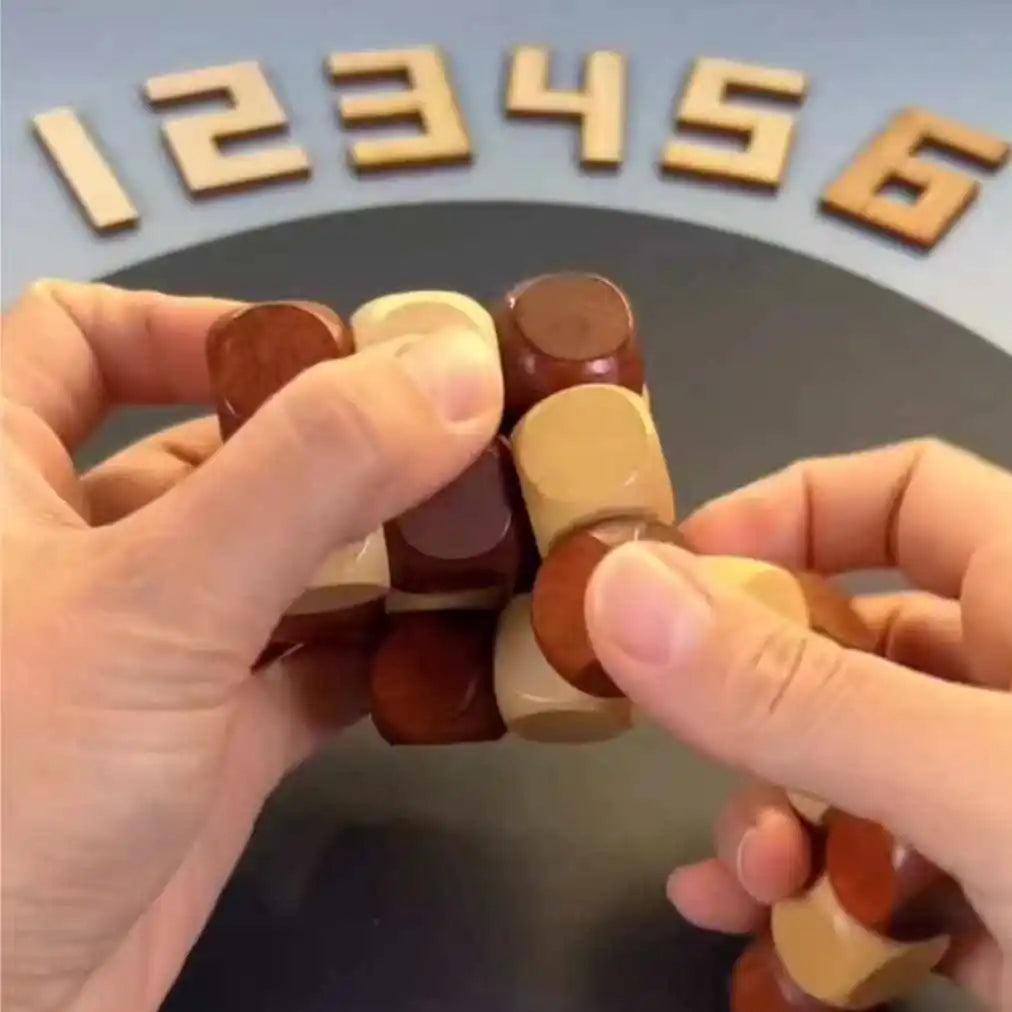 Hands assembling the wooden twist cube puzzle back into a cube shape.